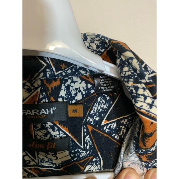 Farah Vintage 'Slim Fit' Mod Style Patterned Shirt Navy and Brown Men's Shirt - Picture 5 of 7